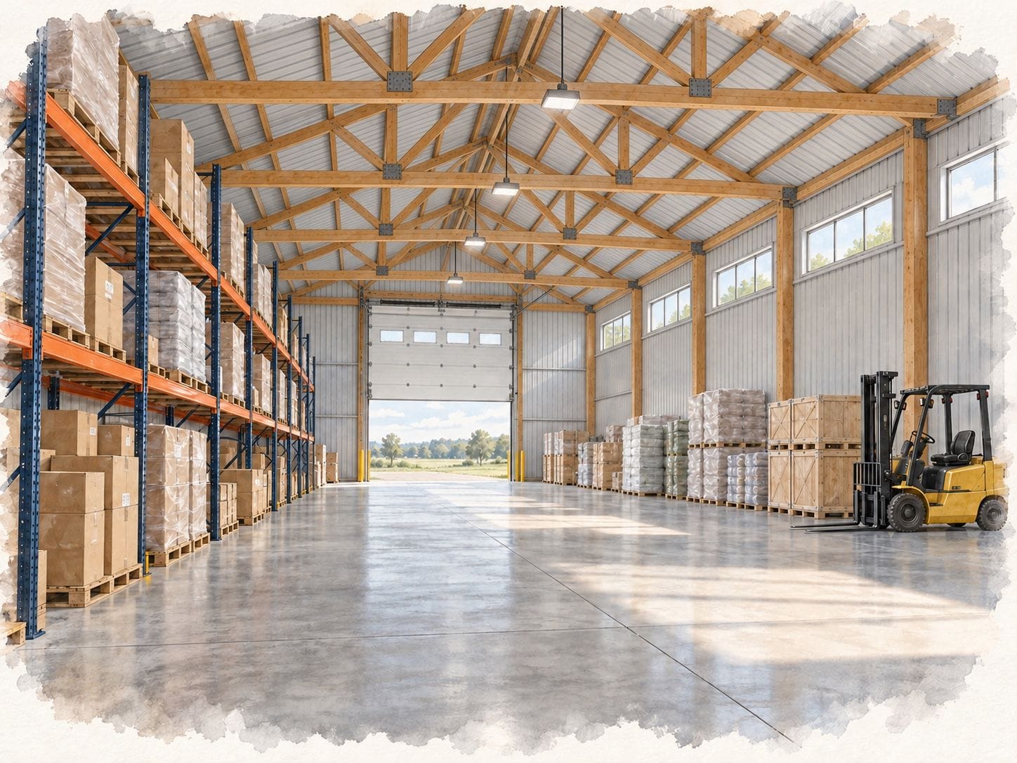 Watercolor concept of a Built-Mor post-frame commercial storage building interior