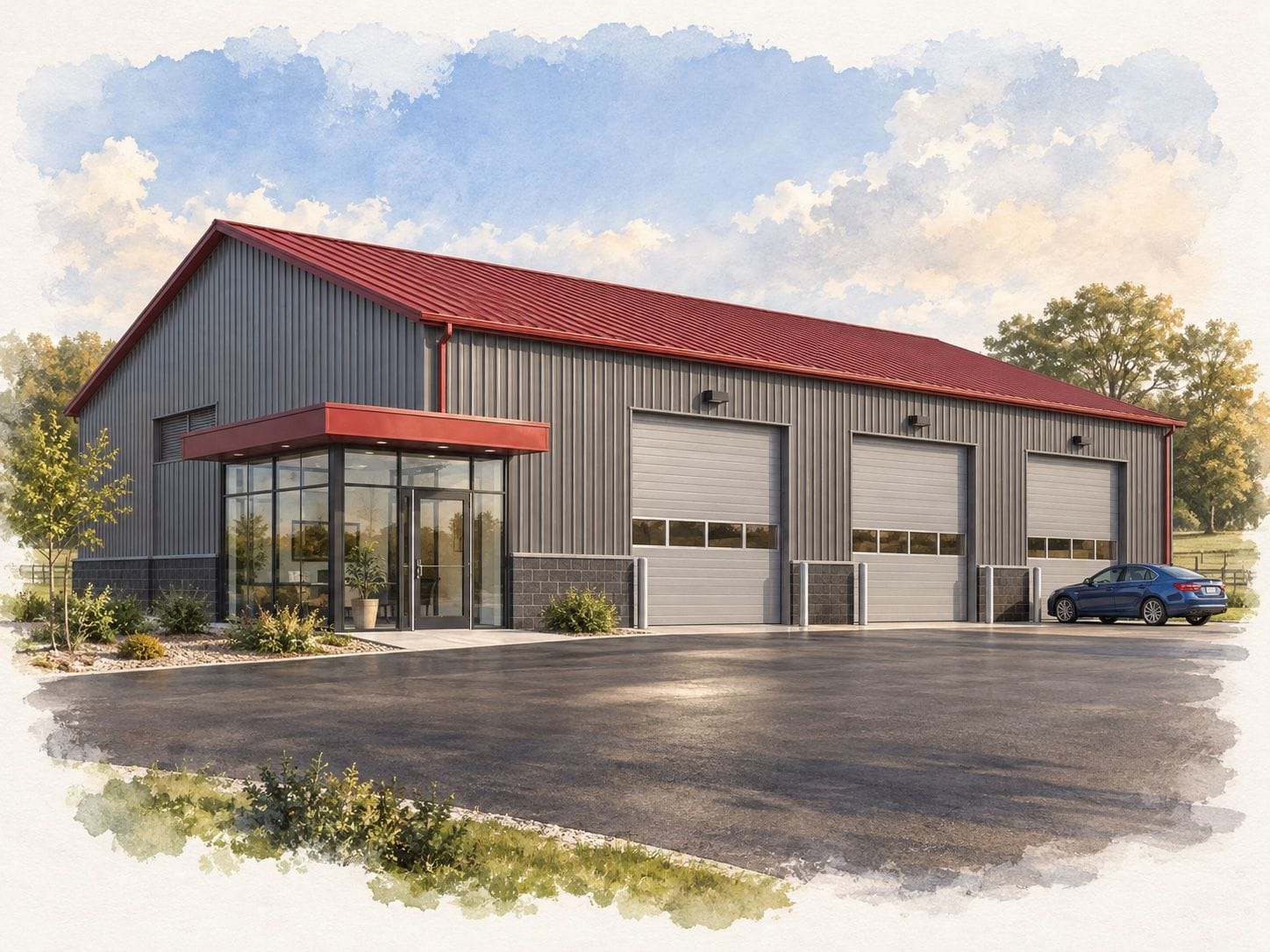 Watercolor concept of a Built-Mor post-frame automotive shop