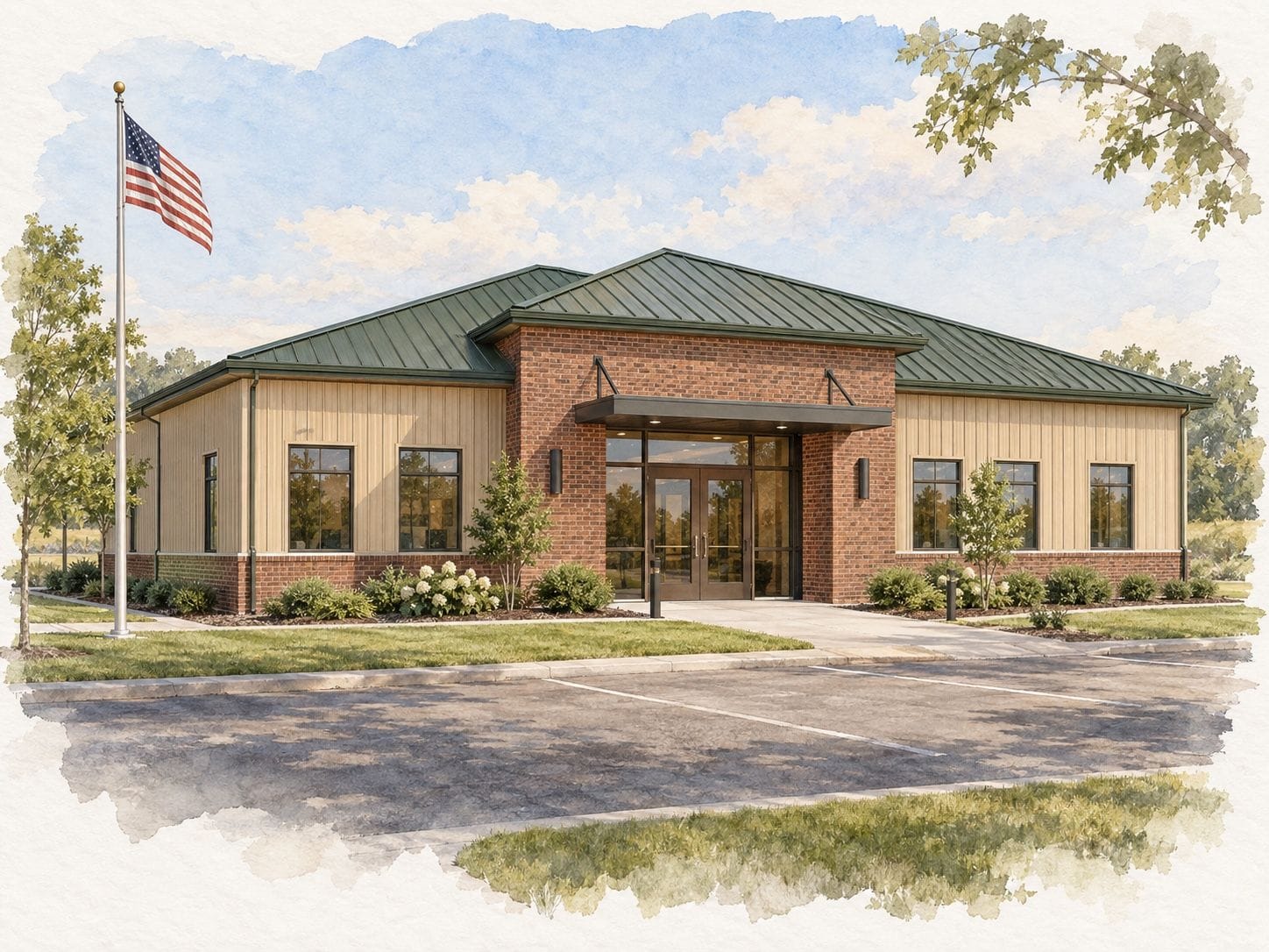 Watercolor concept of a Built-Mor post-frame municipal building