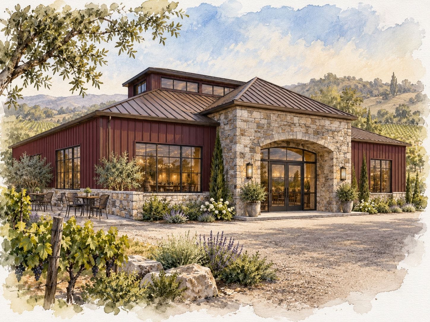 Watercolor concept of a Built-Mor post-frame winery