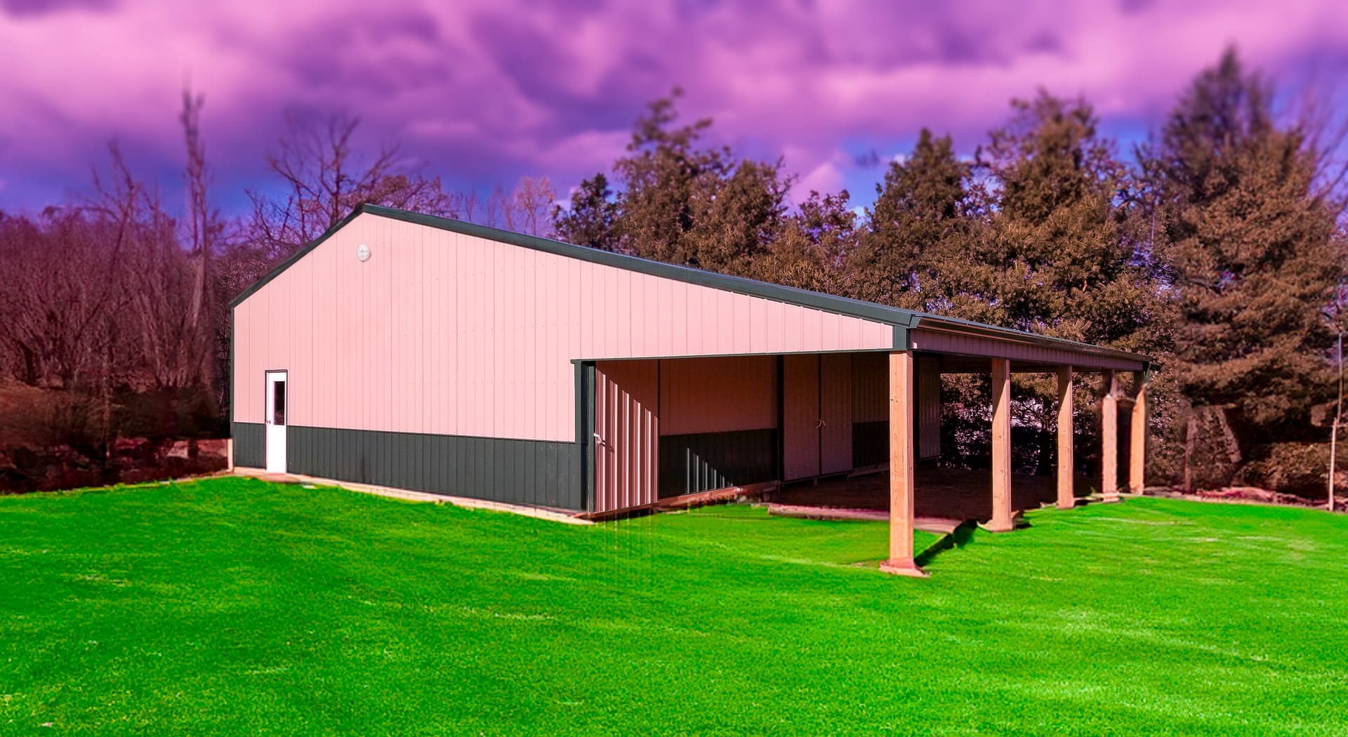 A post-frame construction building with beige and green metal siding, featuring a sloped roof. It includes a covered open-sided area supported by wooden posts, suitable for vehicle or equipment storage. A white entrance door is visible on the left side. T