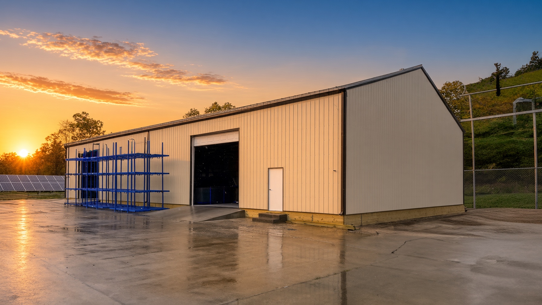 Post-frame warehouse with a loading dock at sunset