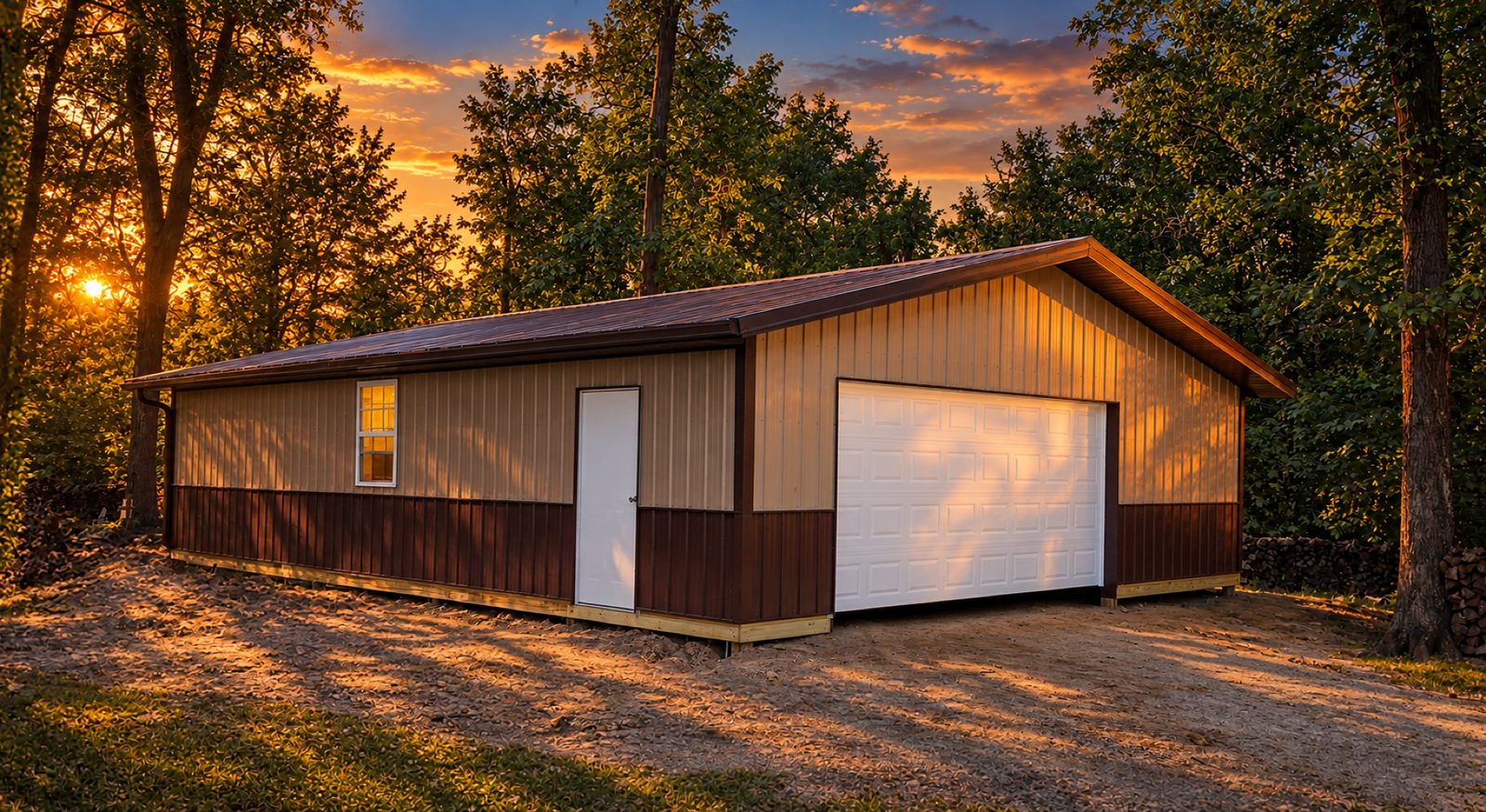 Tan and brown workshop with a white overhead door