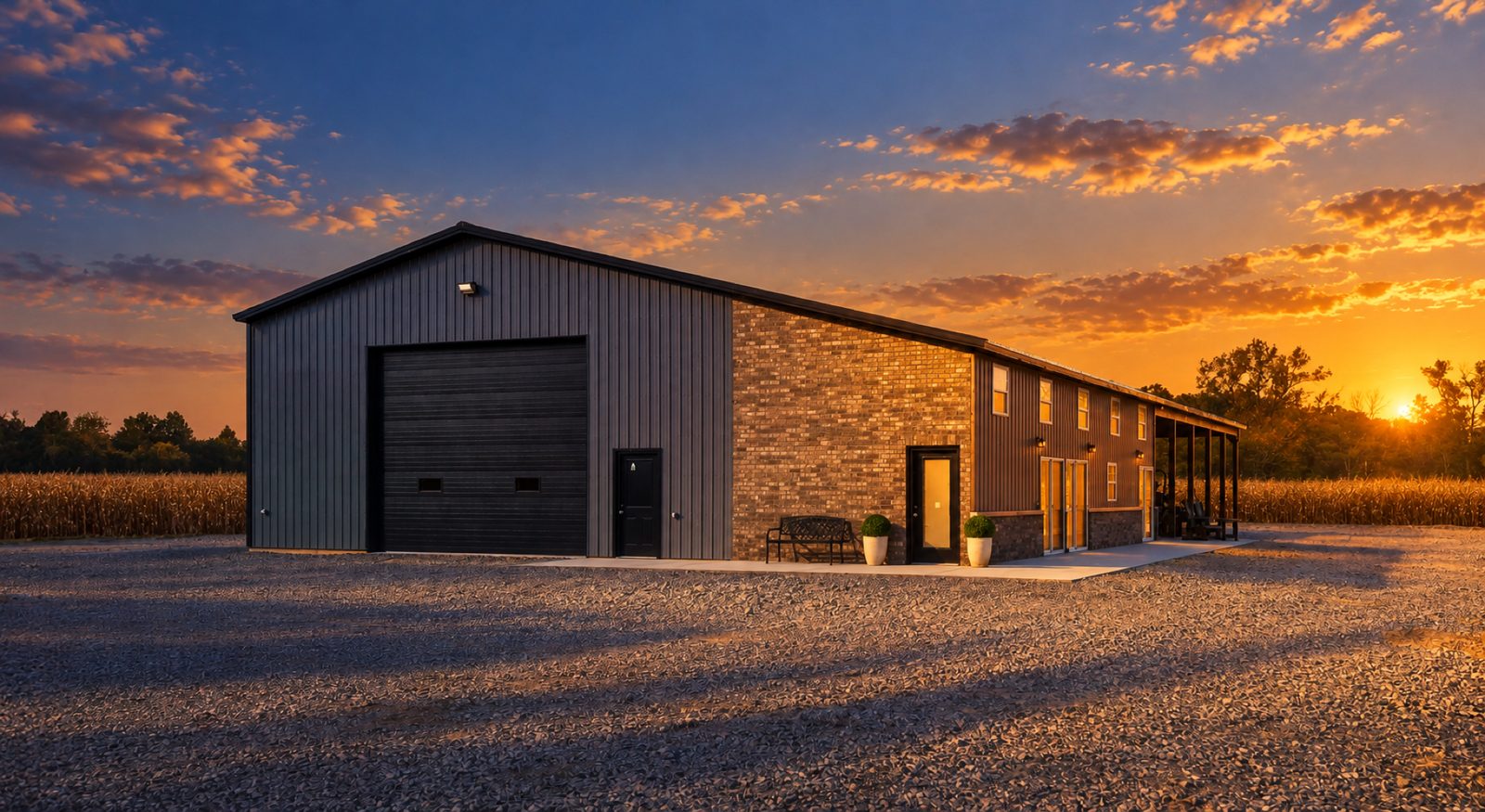 Gray steel building with a brick wing and a black overhead door