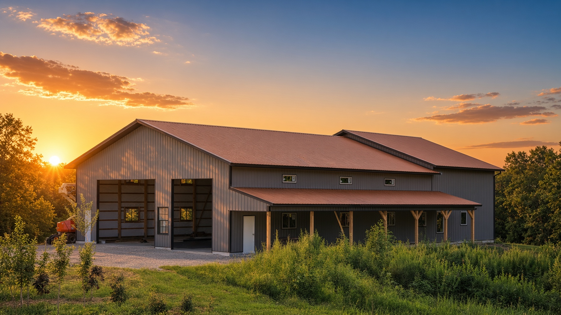 Dark gray post-frame home with an orange metal roof at sunset