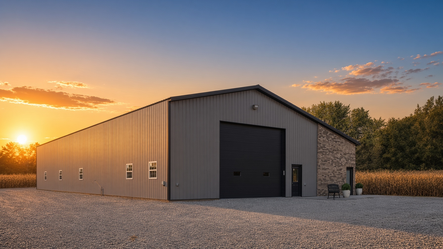 Gray post-frame building with a black overhead door and brick wing