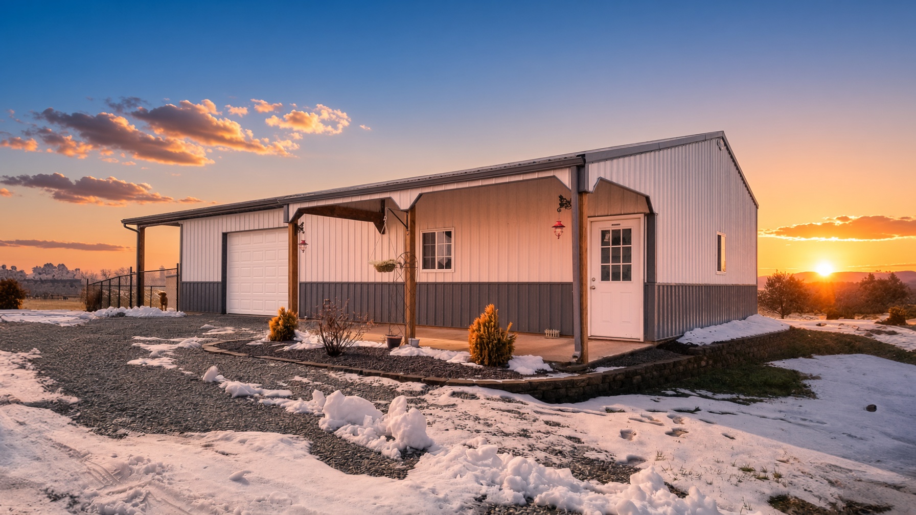 White and gray post-frame building with a covered porch and white entry door, snow on the ground