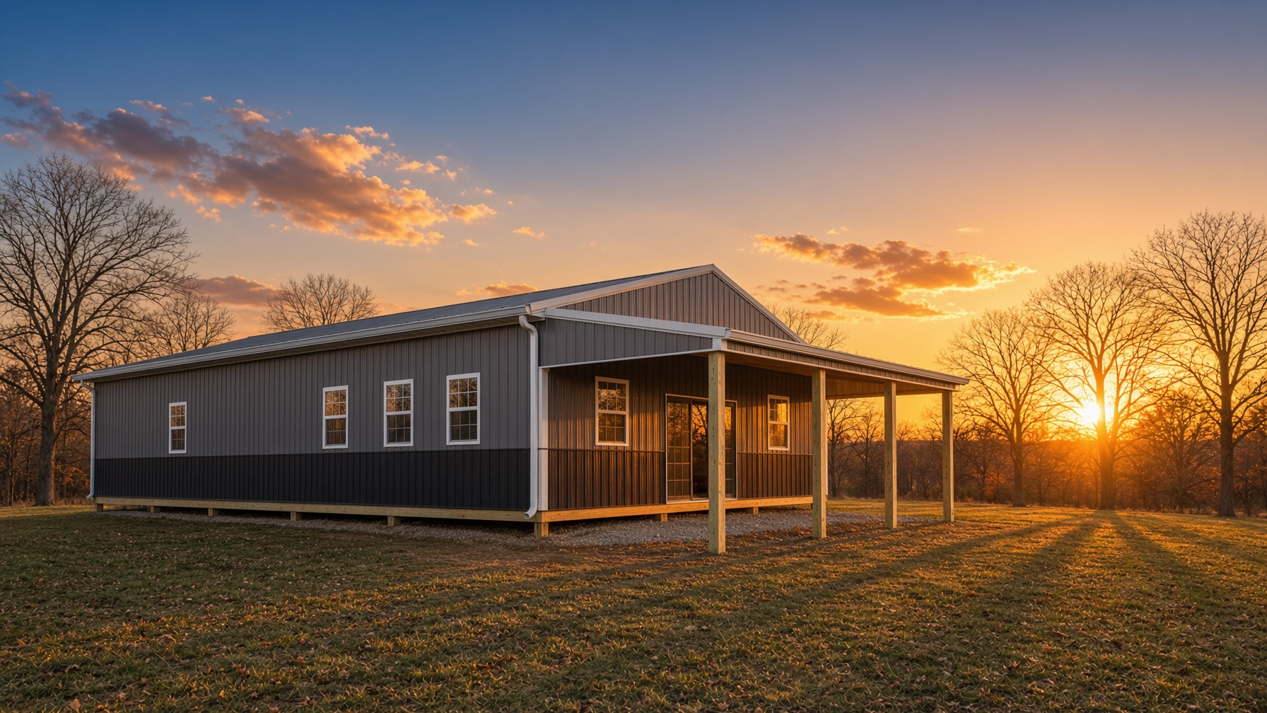 Maroon post-frame building with a white overhead door and covered porch