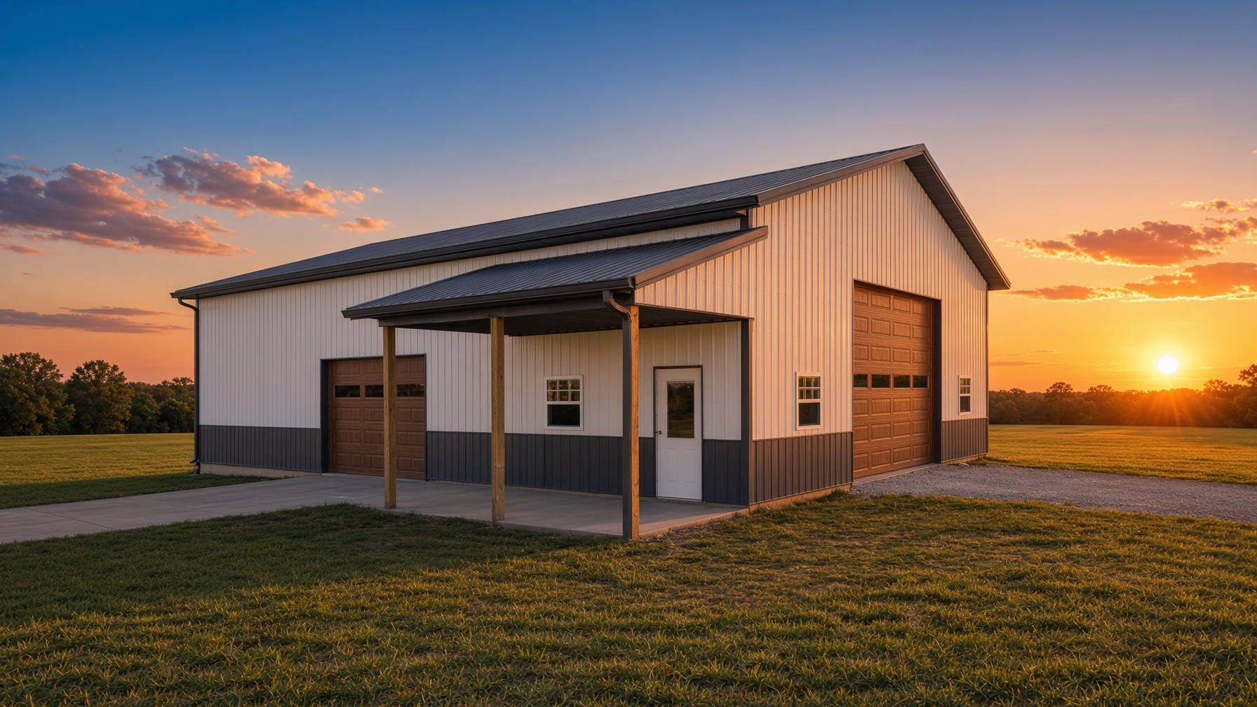 Post-frame building with a covered porch and white entry door